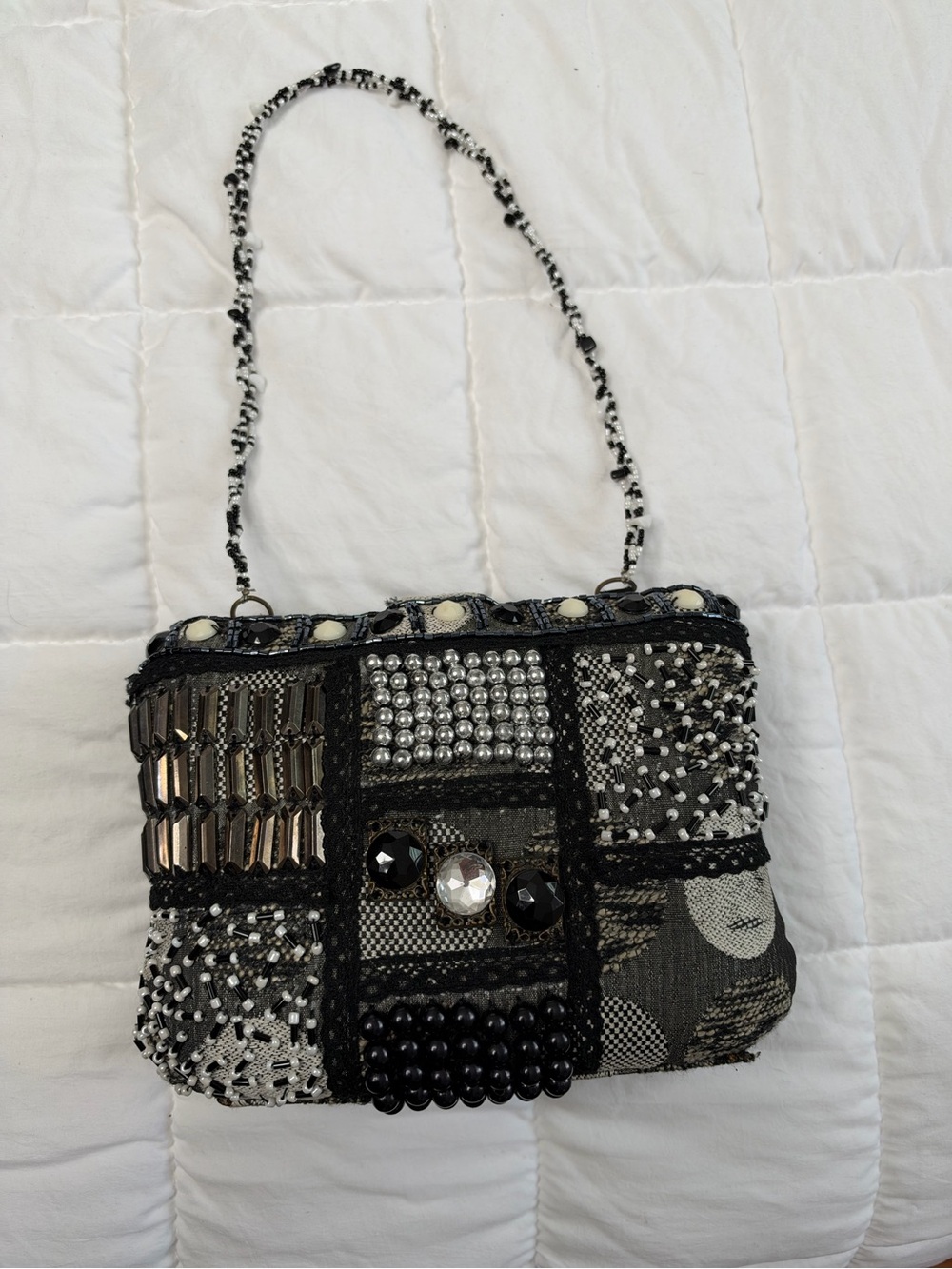 Vintage Embellished Black & White Patchwork Shoulder Bag with beads .